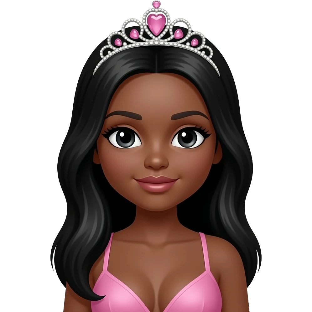 pink tiara, doll eyes, Doll, big chest, dark brown skin, with middle part long black hair, black cute eyes, with cute lip, without no bra emoji