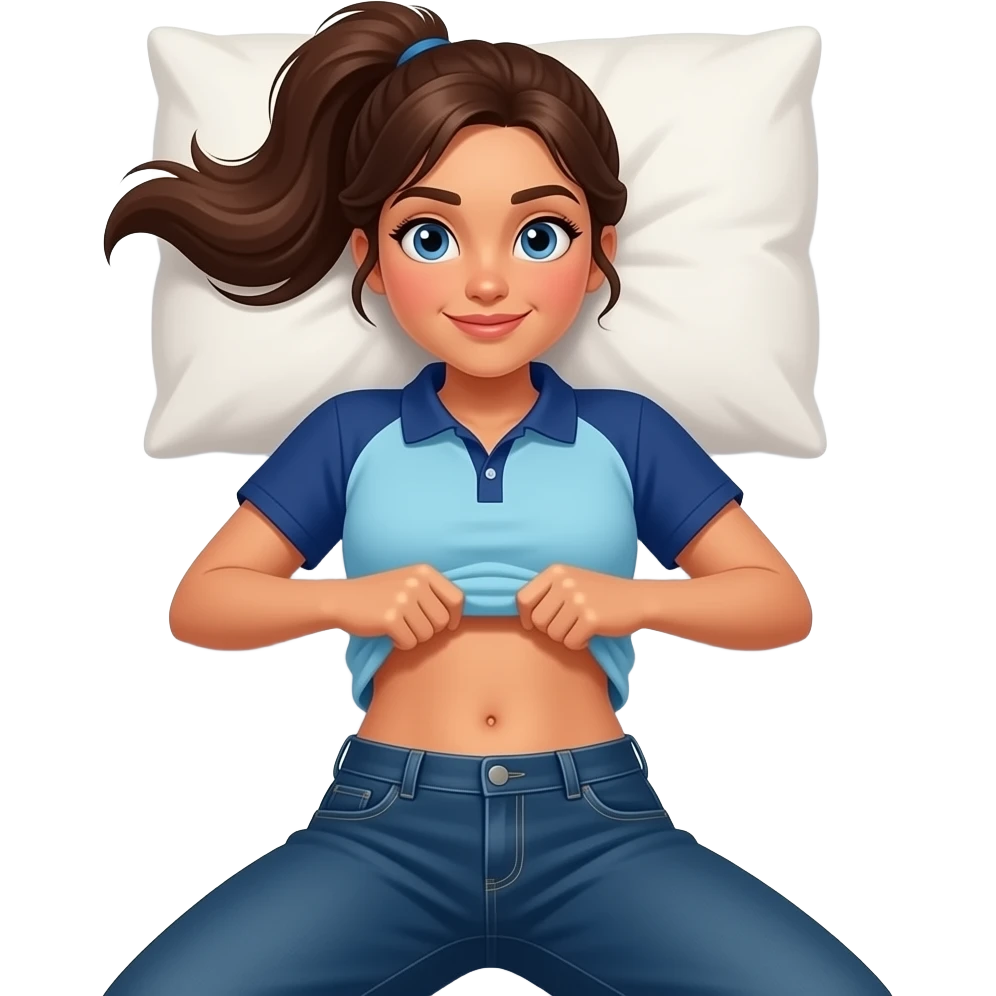 Hispanic girl with brown ponytail and blue eyes light blue and dark blue polo and dark blue baggy jeans and belly button laying down on her pillow on her bed lifting her shirt shaking her belly emoji
