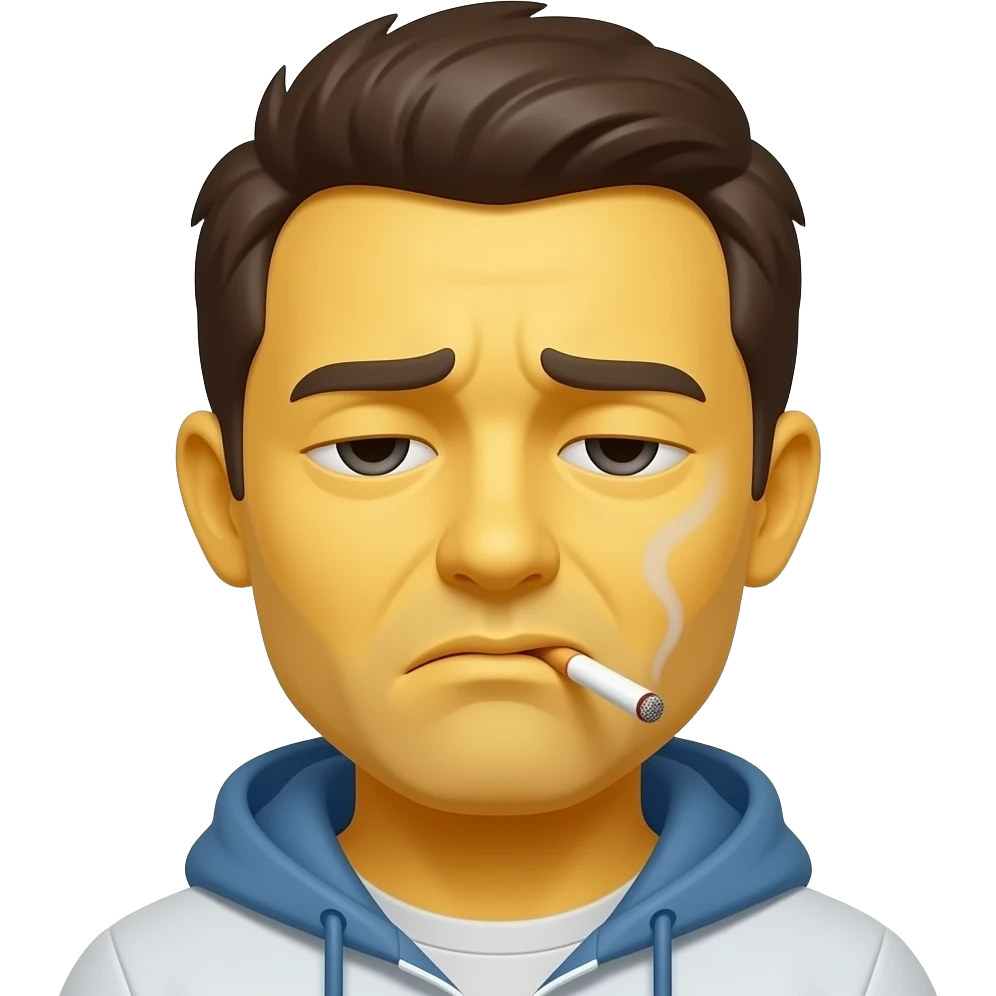 Tired and stressed yellow smiley emoji with heavy eyes smoking a cigarette emoji