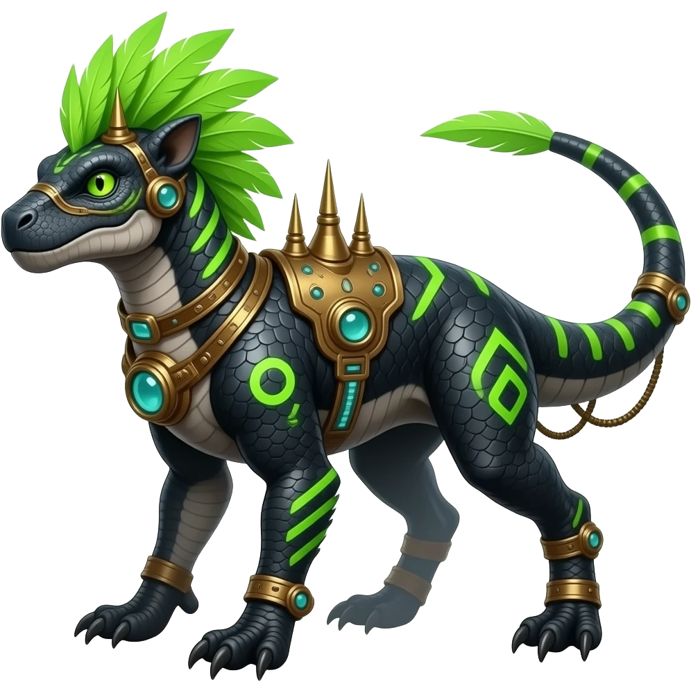 Cool edgy ancient black-scaled with neon-colored stripe markings digitigrade bipedal vintage futuristic raptorik fantasy-Cyberpunk-Steampunk-Solarpunk-Genesect-Salamence-Tyranitar-Salazzle-Feraligatr-Fakémon-animal-hybrid, with neon-green feather-mane, and a tail blade, back spikes, full body emoji