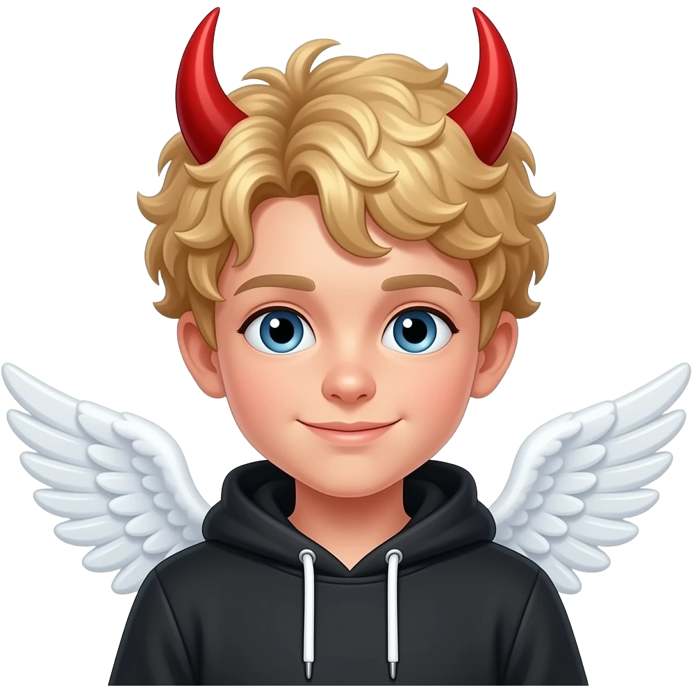 Blond curly hair boy angel wings black hoodie blue eyes red devil horns emoji