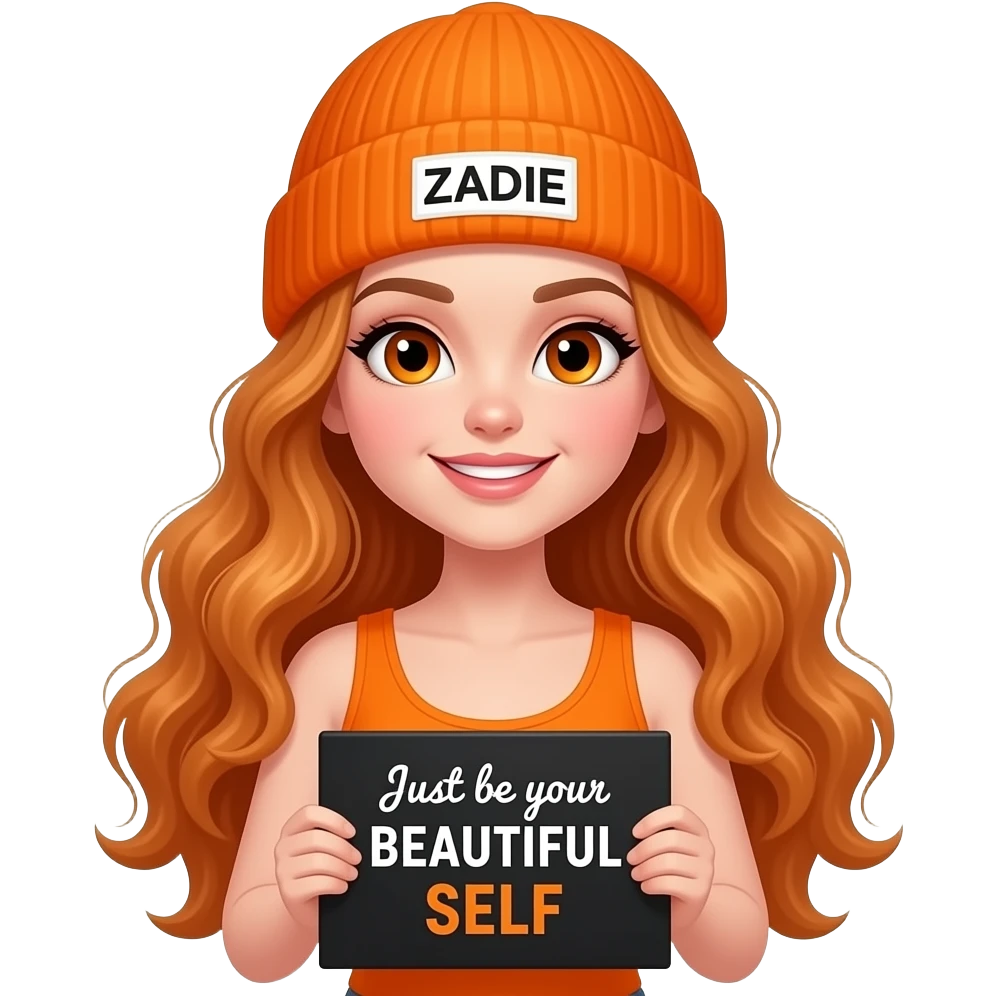 sexy girl with overlong wavy ginger hair and ginger eyes wearing a orange tanktop and a orange beanie with ZADIE written on it, is holding a black sign with Just be your BEAUTIFUL SELF written on it emoji