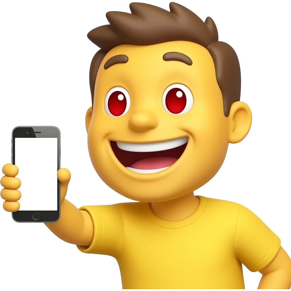 default yellow emoji holding a phone in front of him smiling with teeth and red eyes emoji