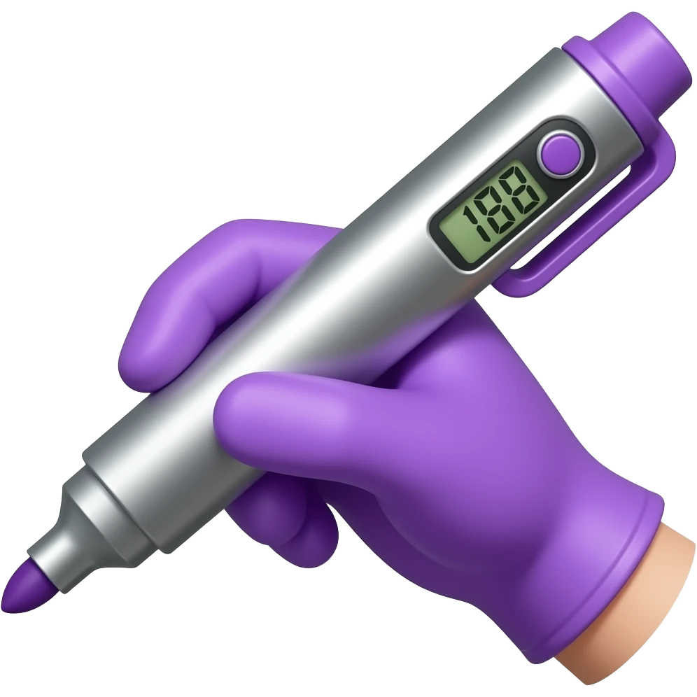 female hand in purple simple glove writing with big bold metallic marker, small display timer on the marker emoji