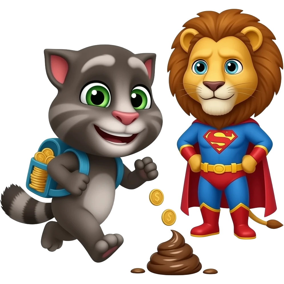 Mimi Talking Tom walking Mimi raccoon running money backpack with coin I add superhero Tom I add superhero lion watch out the raccoon poop put on the plastic emoji