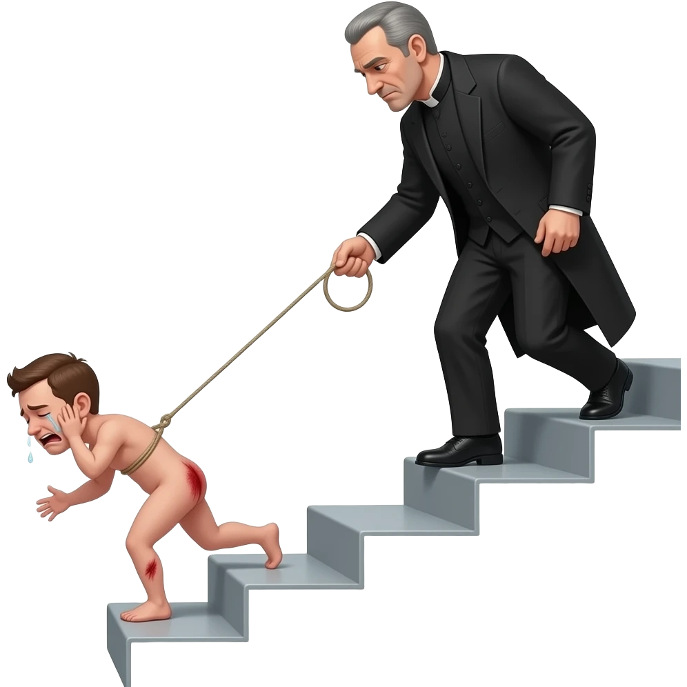 A stern clothed man with a thin whippy cane is leading and dragging a small, crying, naked man up a flight of stairs, from bottom to top,by the ear, his red buttocks are very bruised. emoji