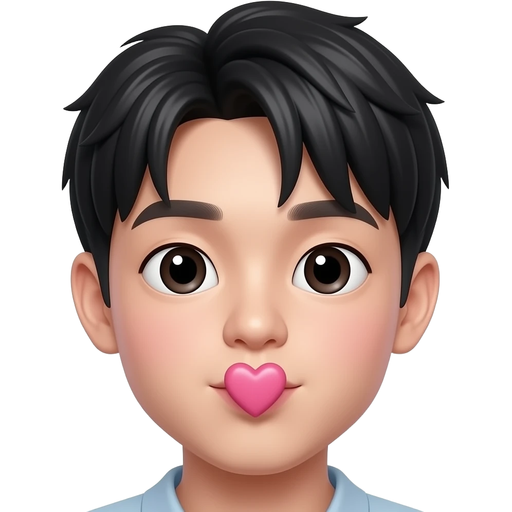 Sending kiss Cute Korean boy emoji, soft black straight bangs, pale skin, 😘 blowing lips, gentle round eyes, sending a big 3D pink heart near lips, glossy 3D Pixar-style render, realistic Korean idol vibe, just face only emoji