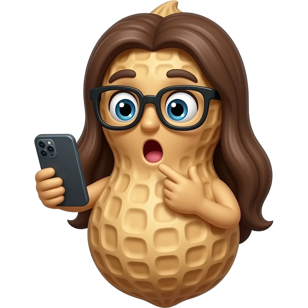 An anthropomorphic peanut -that looks like a peanut with a peanut FACE and hands and body-  wearing glasses, drawn anime style with anime girl hairstyle , holding a phone and looking at it in shock emoji