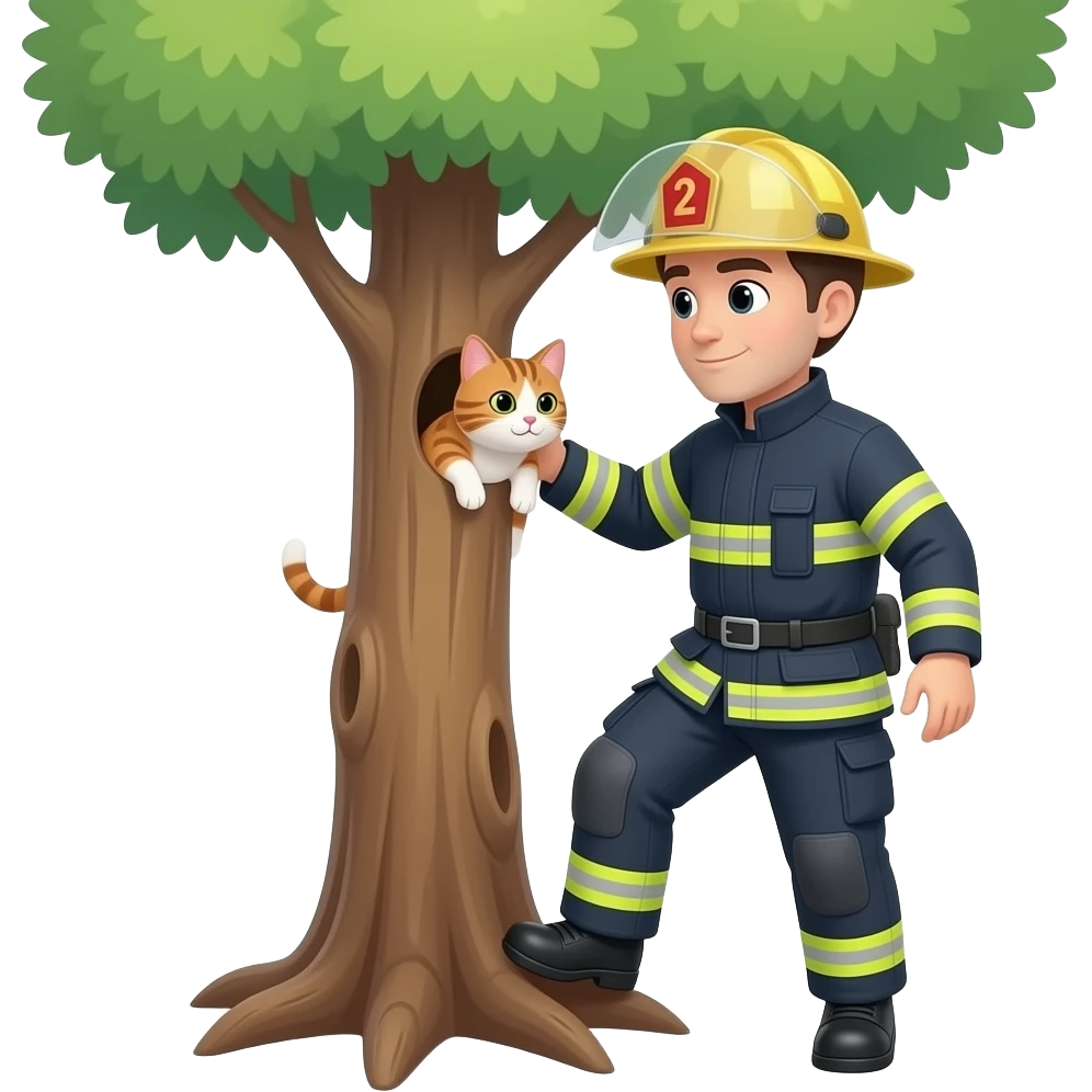 fire fighter hero saving cat from treecrown emoji