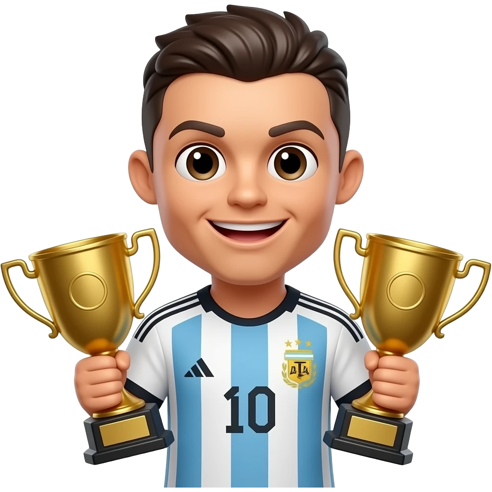 Cute 3D Ronaldo emoji wearing Argentina jersey, holding 2 golden trophies, cartoon emoji character, glossy render emoji