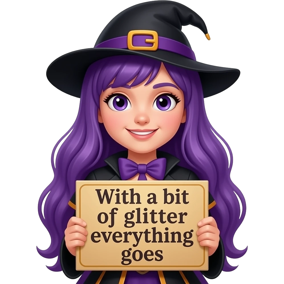 girl with long purple hair wearing a halloween costume holding a Mit ein BISSCHEN GLITZER geht alles sign emoji