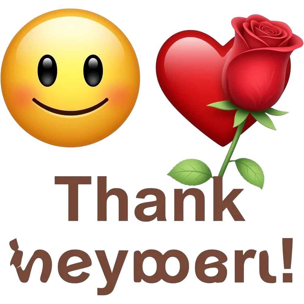 heart, smiley face and rose with thank you text emoji