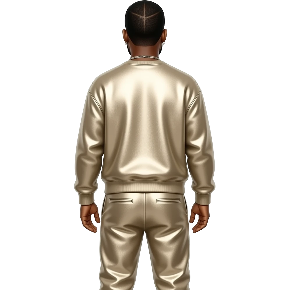 Kanye West from behind with beige metallic sweatshirt, beige metallic saggy pants, necklace and earrings emoji