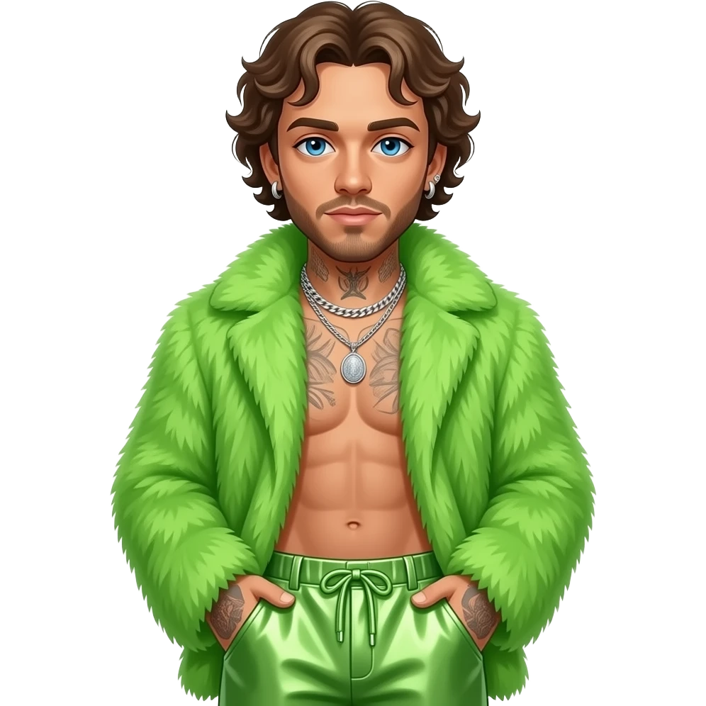 Post Malone with blue eyes, brown hair, lime green fur shawl, lime green metallic baggy pants, shirtless with necklace and earrings emoji
