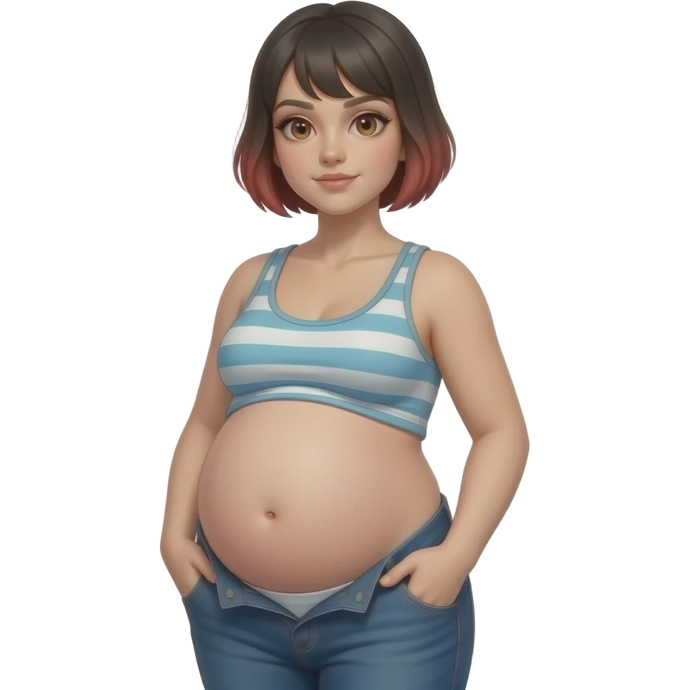 A girl with a semi pixie emo hairstyle,wears a crop top and a unbuttoned pants,stocky robust build,she always looks constantly well fed & pregnant like,her tummy is big & round,heavy in the belly,she is stuffed silly,her bellybutton is deep hollow innie like a tiny void. emoji