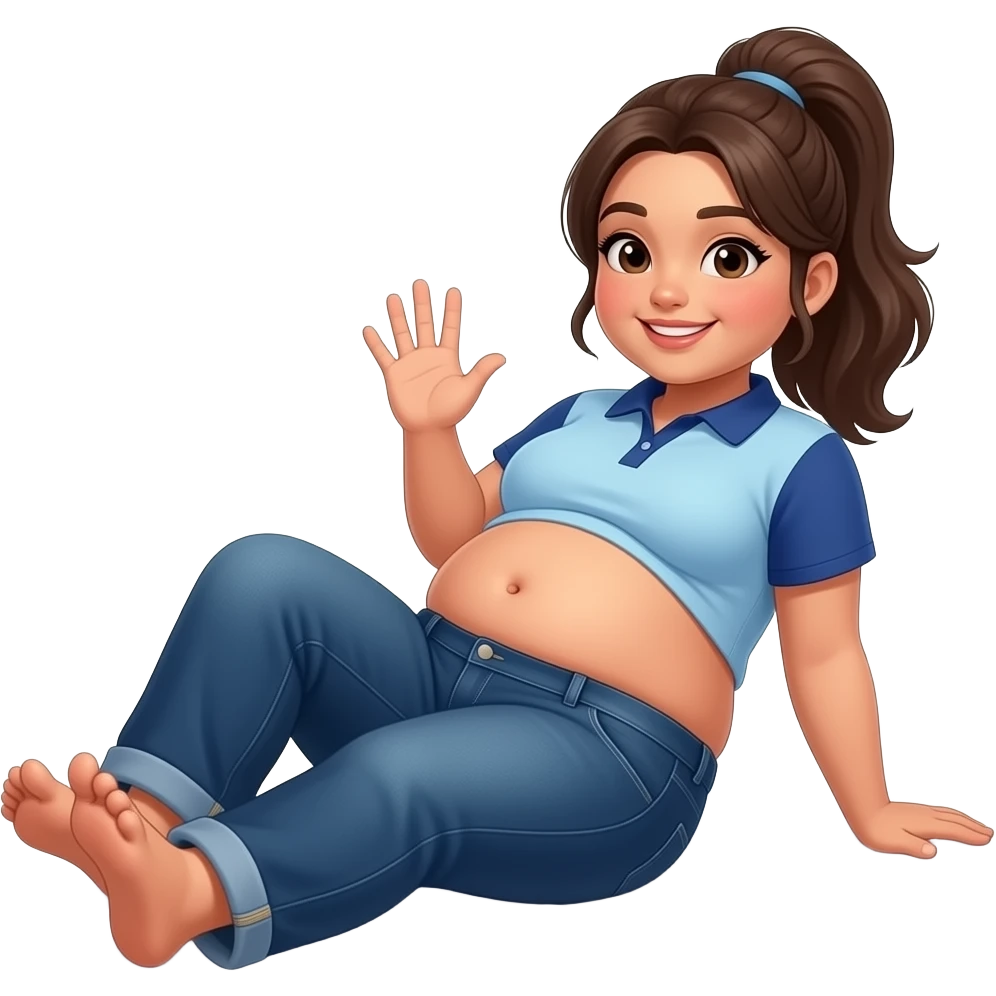obese hispanic girl with brown ponytail and light blue and dark blue cropped polo with dark blue baggy jeans chubby belly button laying on bed showing her feet waving her belly emoji
