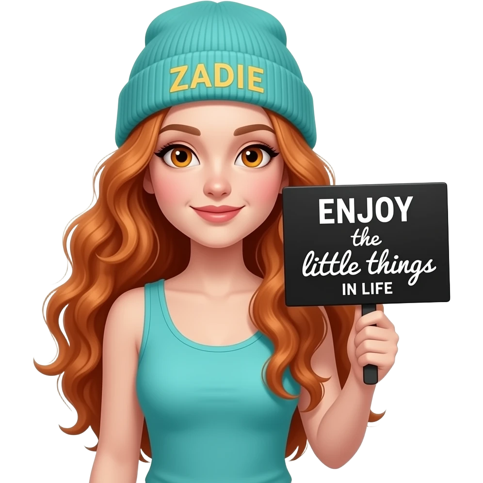 sexy girl with overlong wavy ginger hair and ginger eyes wearing a turquoise tanktop and a turquoise beanie with ZADIE written on it, is holding a black sign with ENJOY the little things IN LIFE written on it emoji
