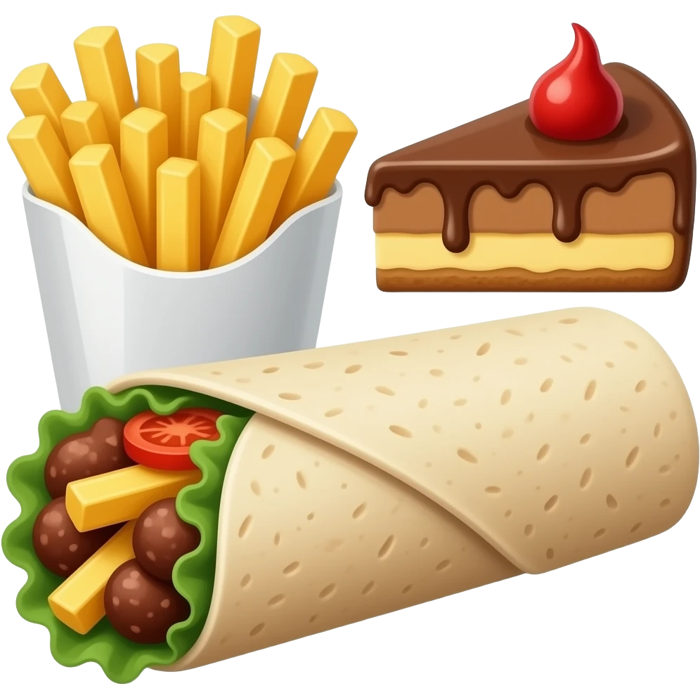 Crear un emoji de un burrito, con patatas fritas a un lado y una tarta de queso de chocolate emoji