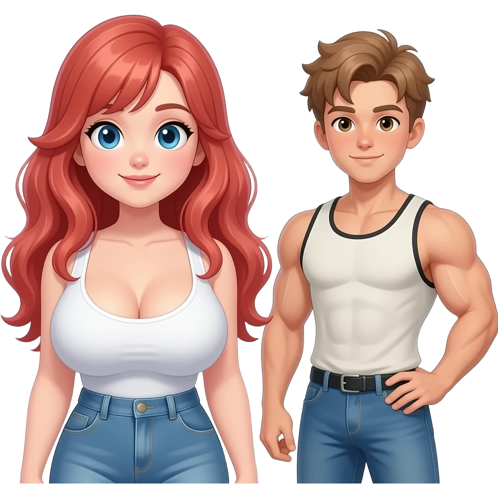 13 year old a pretty girl with light red hair and huge giant boobs and one a cute boy with light brown hair muscelly emoji