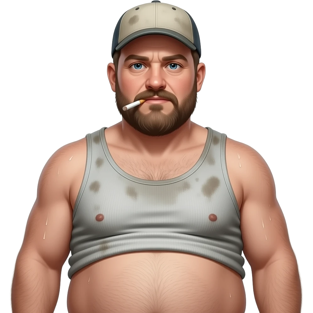 Erstelle ein Portrait von einem nackten, dicken  Bauch, Körper behaarten, typischer trucker im verschwitzten hellgrauen dreckigen engen  tangtop, seine Nippel sind durch das top zusehen, er hat ein Bart und einem alten basecap und er hat eine Zigarette im Mund emoji