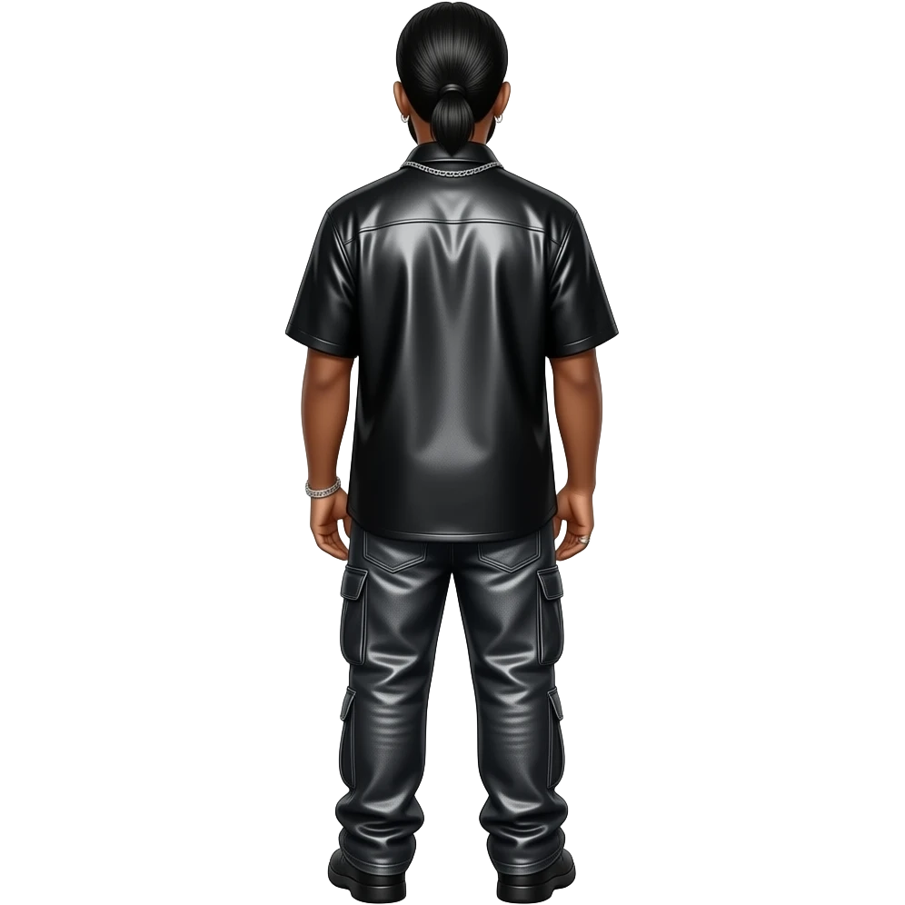 The Weeknd from behind with low ponytail hair, black metallic shirt, dark gray metallic baggy pants, necklace emoji