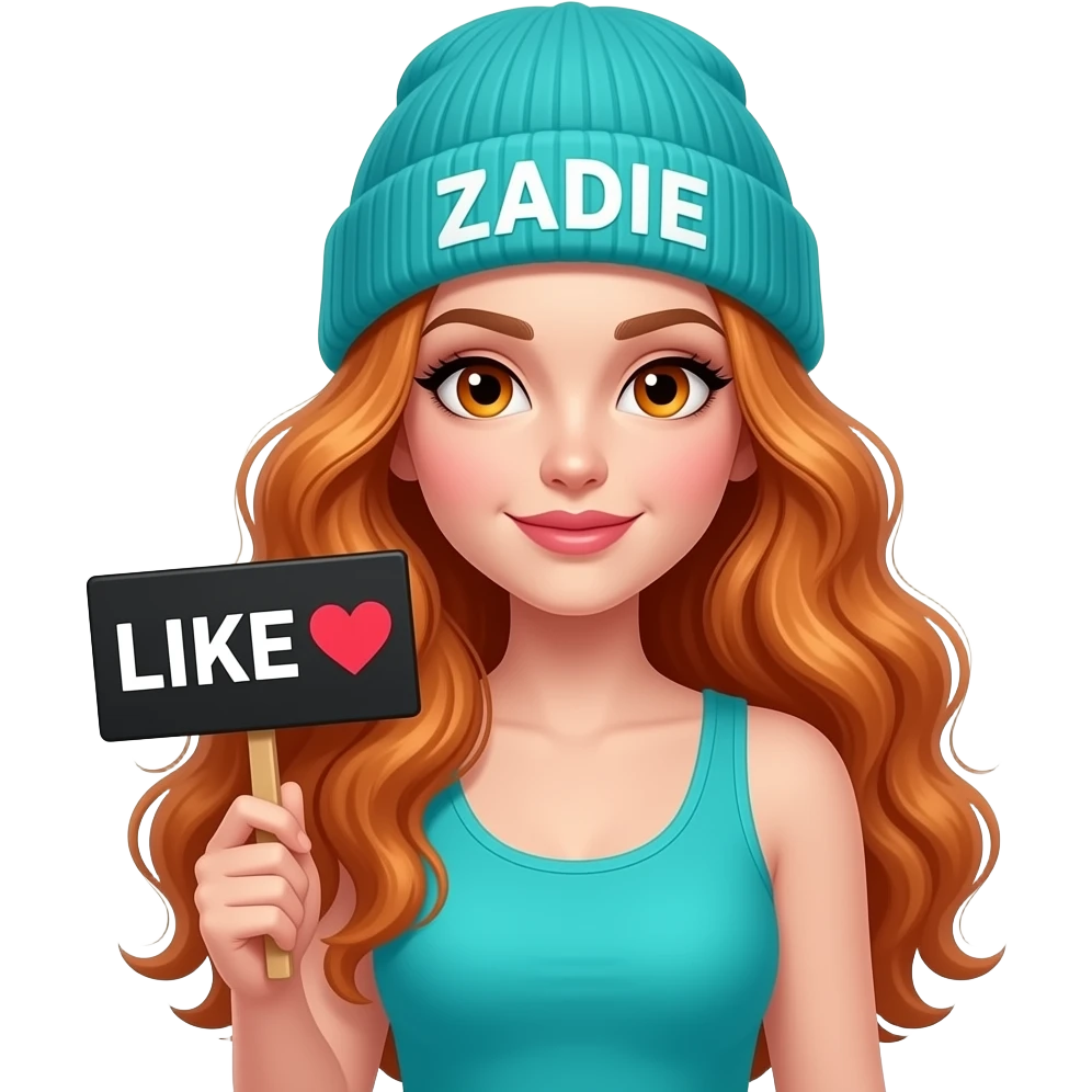 sexy girl with overlong wavy ginger hair and ginger eyes wearing a turquoise tanktop and a turquoise beanie with ZADIE written on it, is holding a black sign with LIKE ❤️  written on it emoji