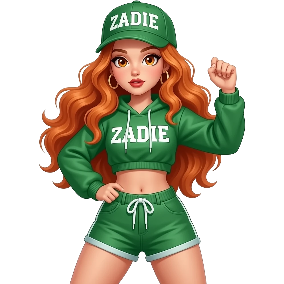 sexy girl with long wavy ginger hair and ginger eyes is wearing a green hip hop outfit and a cap with ZADIE written on it, is dancing, the full body is to seen emoji