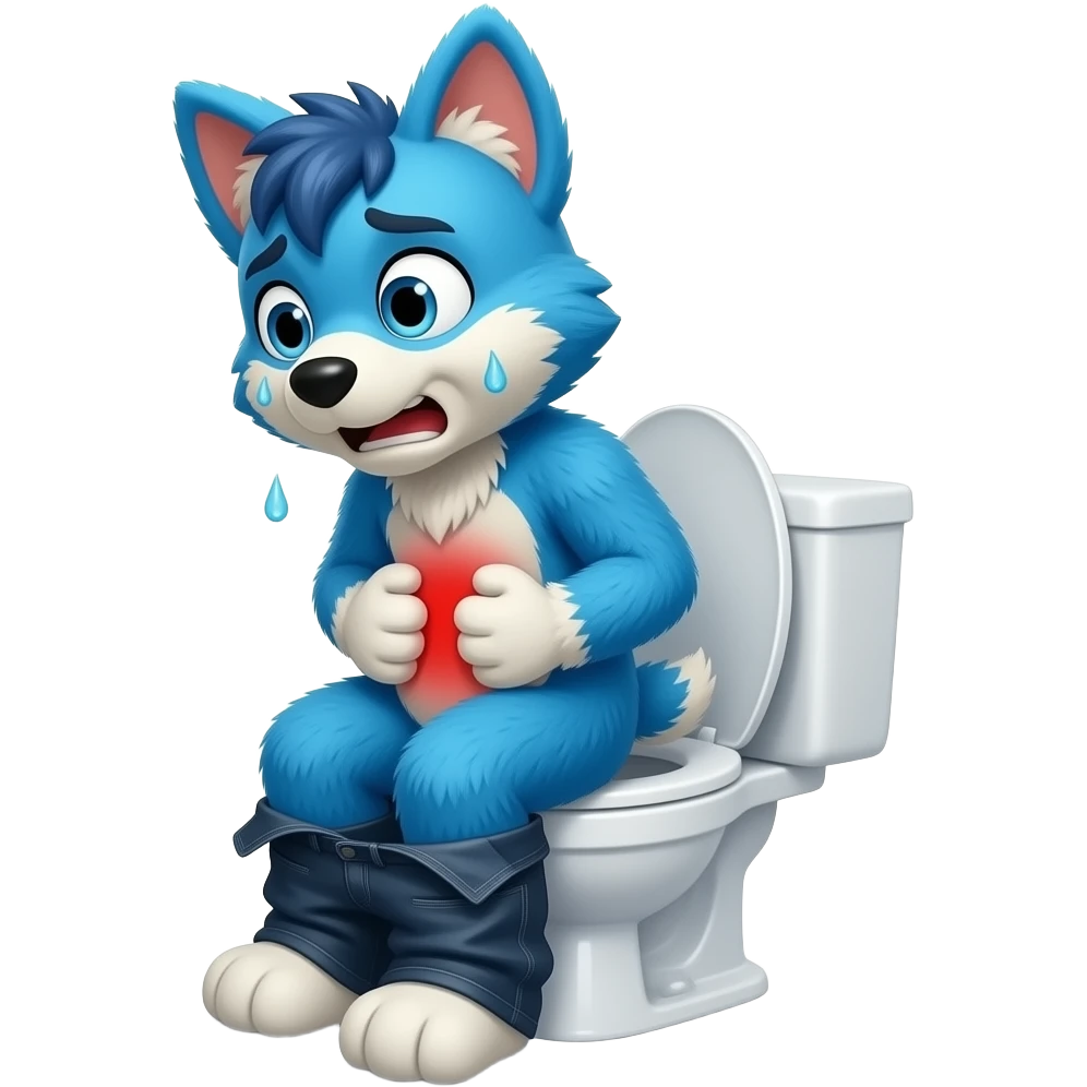 blue fursuit sitting on toilet, side view , pants down, pushing, straining face,  uncomfortable, stomach ache , sweating, red face emoji