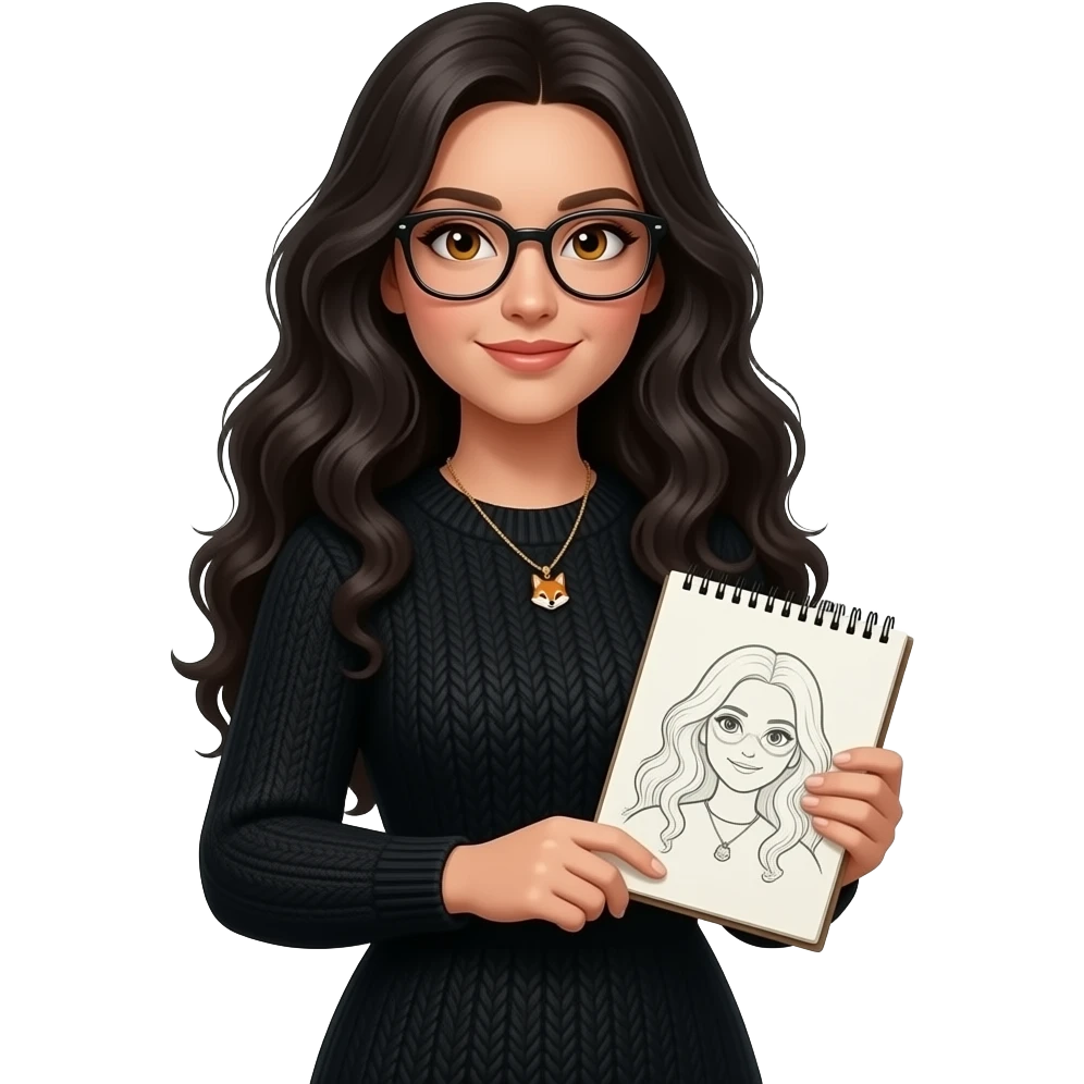 Realisting omega woman sexy posing elegant black sweater dress with a fox charm necklace model ai wearing glasses with honey colored eyes, Italian  and long curly black hair with a sketchbook emoji