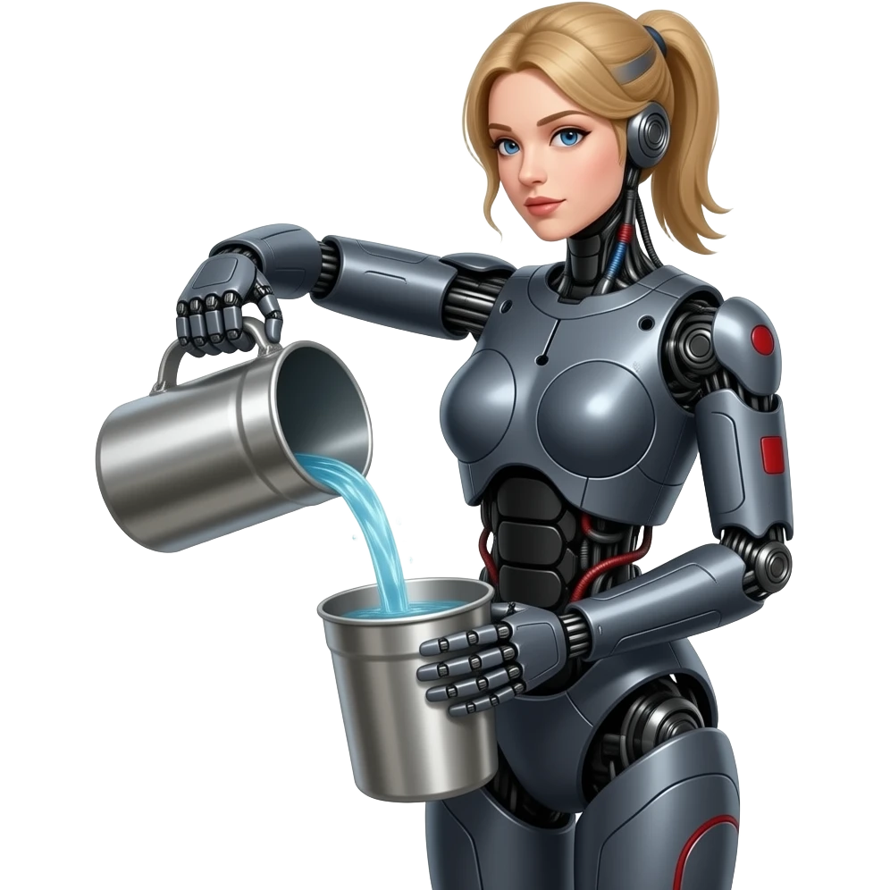 full body, full length body,  Entire body, Mechanical female robot made of dark gray metal with black and red markings Pouring water from a steel container, full length body, no human features, robot face, robot head, full body from head to toe emoji