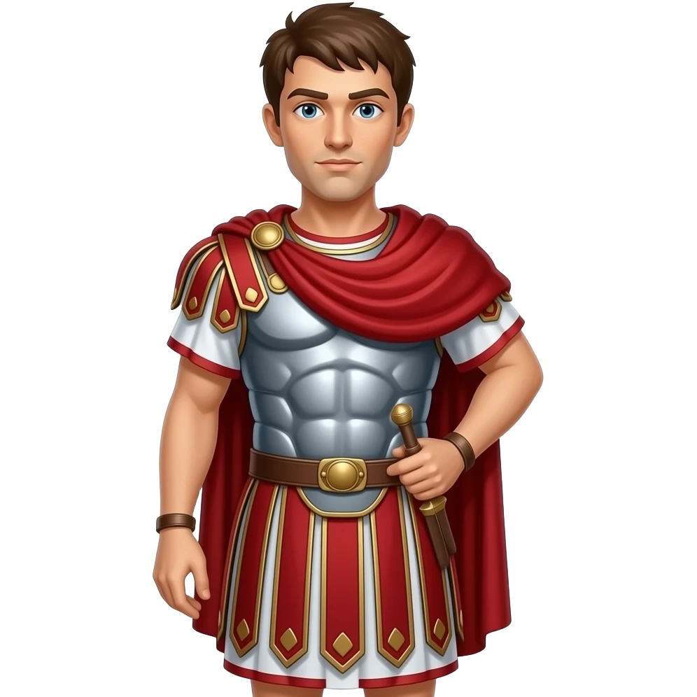 Mark Antony from behind with brown hair, white metallic tunic, red metallic toga skirt emoji
