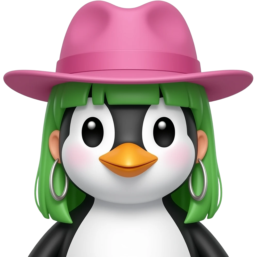 penguin with green straight hair, pink fedora hat and big big earrings, just face emoji