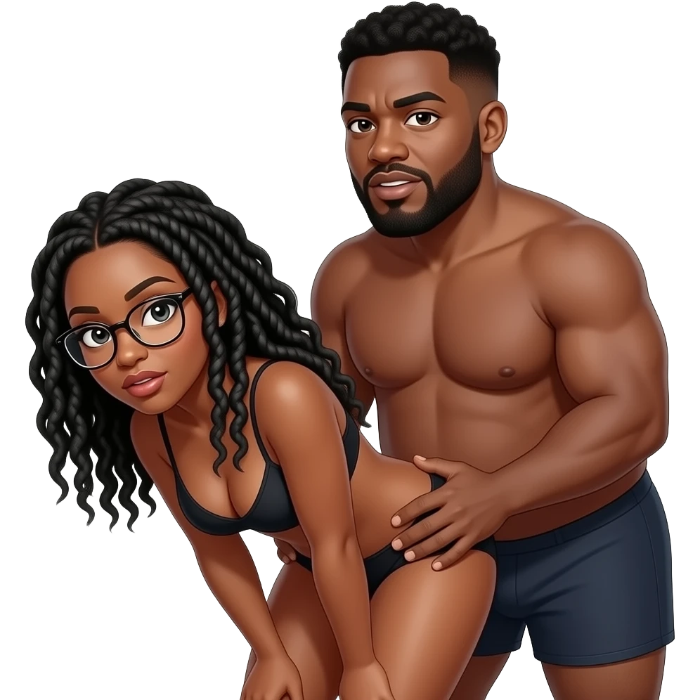 Black woman, with black locs (with some grey) and glasses; bent over with a chubby black man with a low curly haircut and beard with some grey; standing behind her holding her hips. Both are topless. He is wearing boxers briefs and her, panties. Both of them looked aroused. emoji