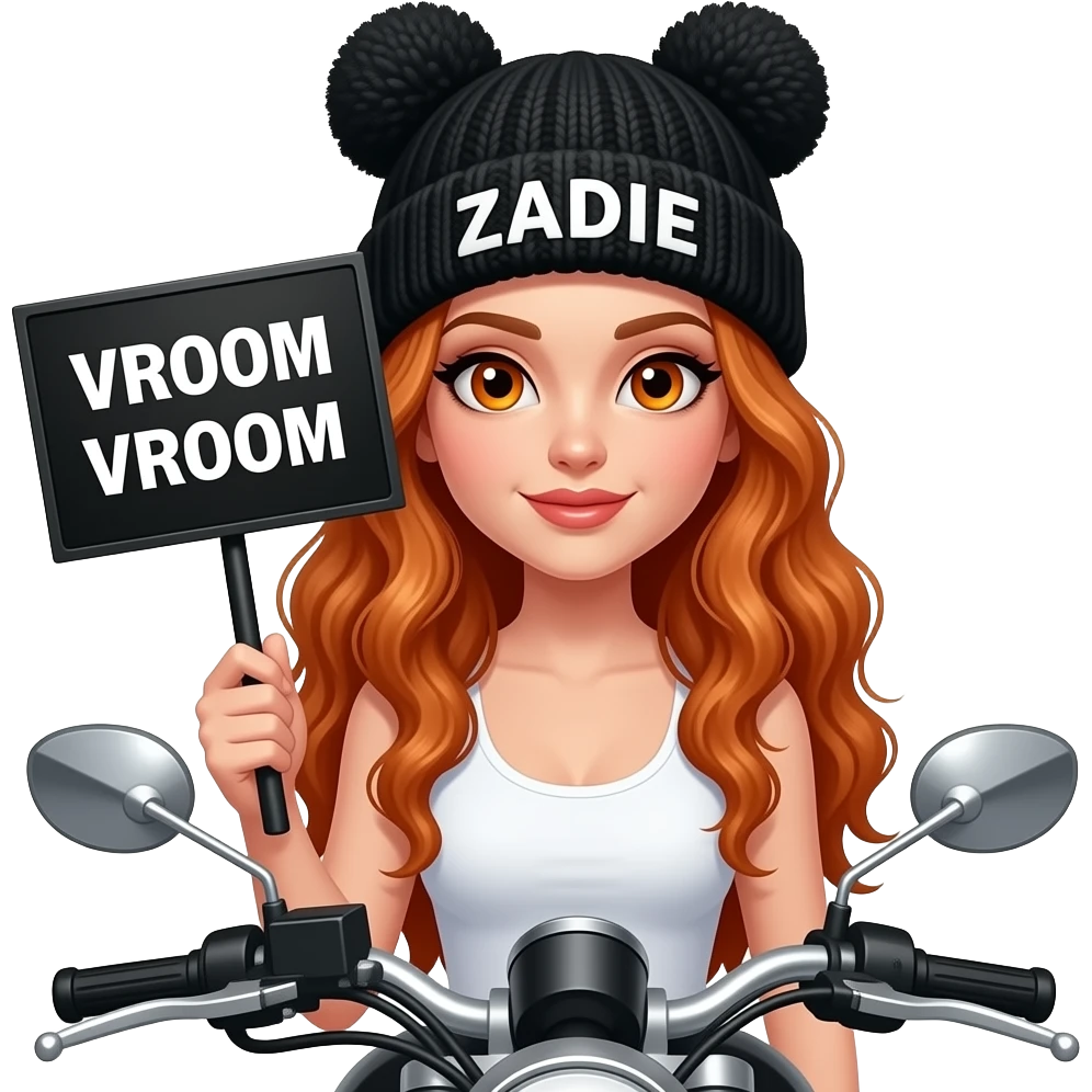 sexy girl with overlong wavy ginger hair and ginger eyes wearing a white tanktop and a black pom hat with ears with ZADIE written on it is holding a black sign with VROOM VROOM o 🏍️ n it emoji
