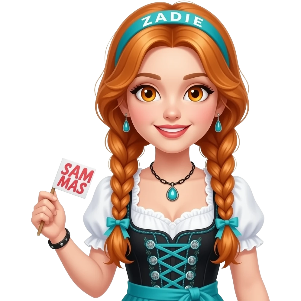 sexy girl with overlong ginger braids and ginger eyes wearing a black turquoise dirndl and a turquoise headband with ZADIE written on it, is holding a sign with SAMMAS written on it emoji