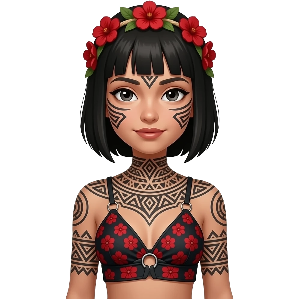 NOIA AMB COS SENCER AMB TATUATGES A LA CARA DE LA TRIBU EMBERA DRUA AMB UN SOSTENS DE FIL, UNA DIADEMA DE FLORS VERMELLES IGUAL QUE EL TOP I UNA FALDILLA DE FIL CURTA emoji