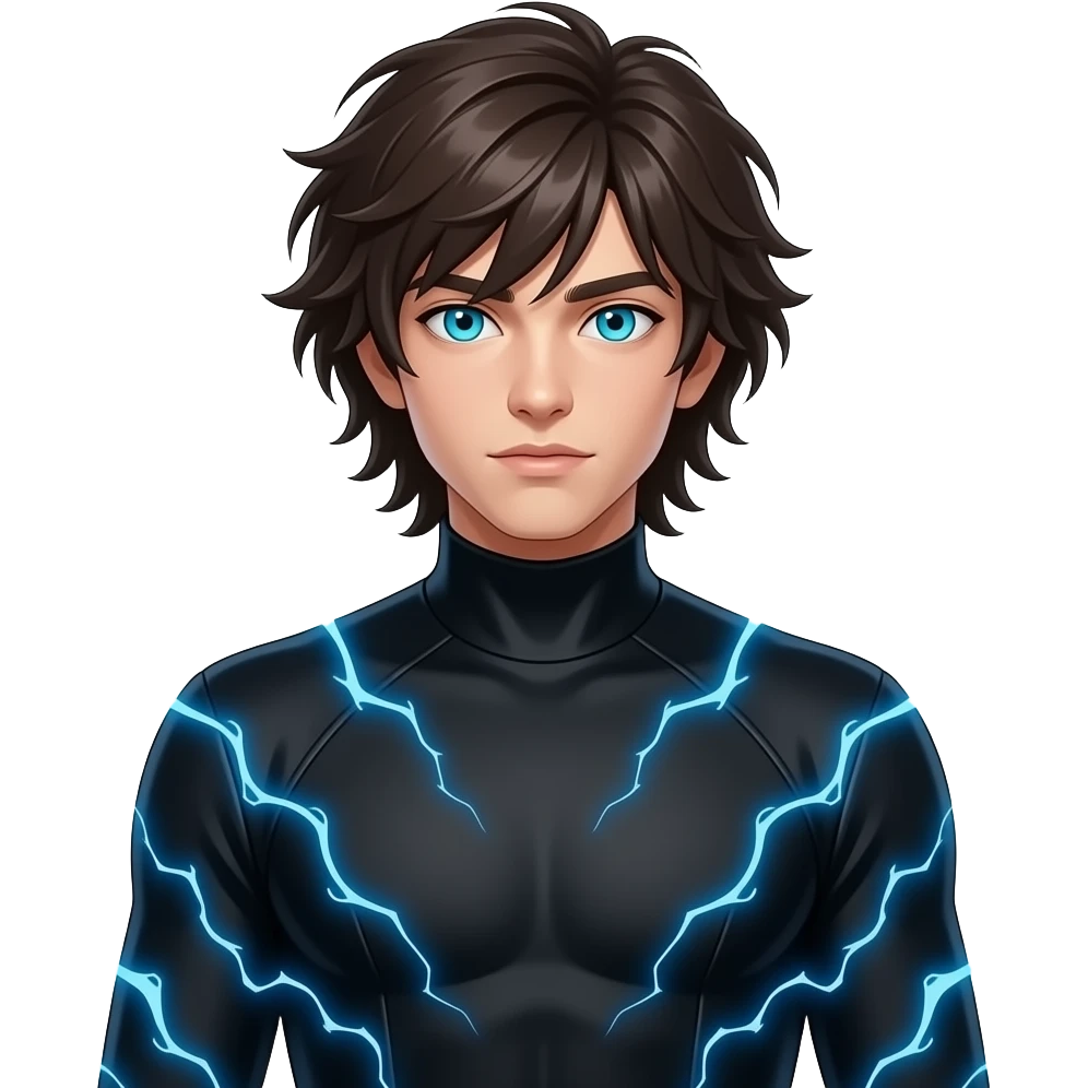 young male with long, messy dark brown hair, glowing cyan blue eyes and a black outfit with a blue electrical current surrounding his body - full body emoji
