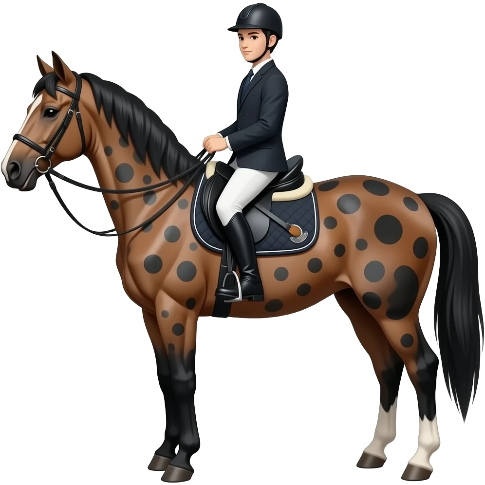 black spotted horse with a rider standing on it emoji