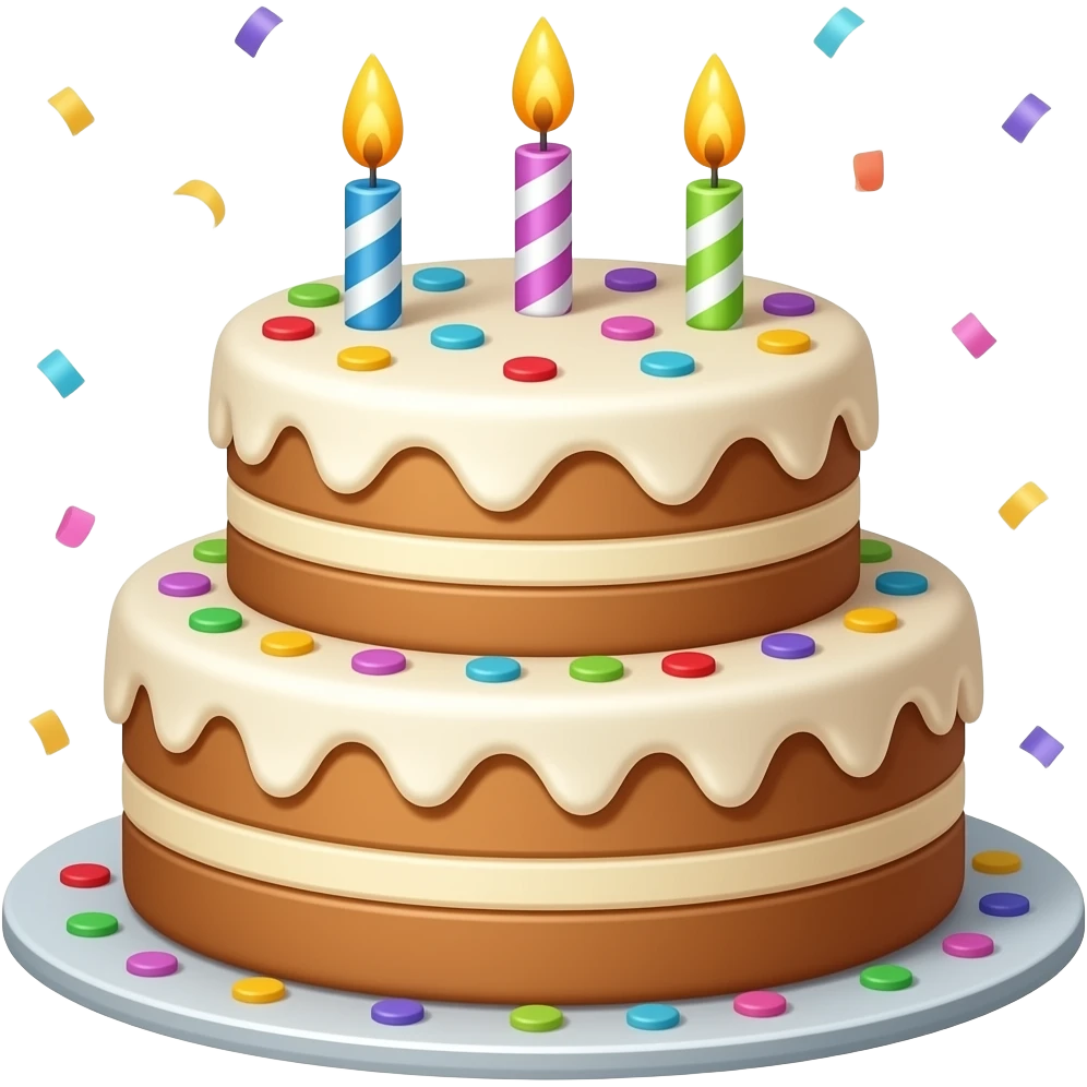 festive two-story cake with three candles and confetti emoji