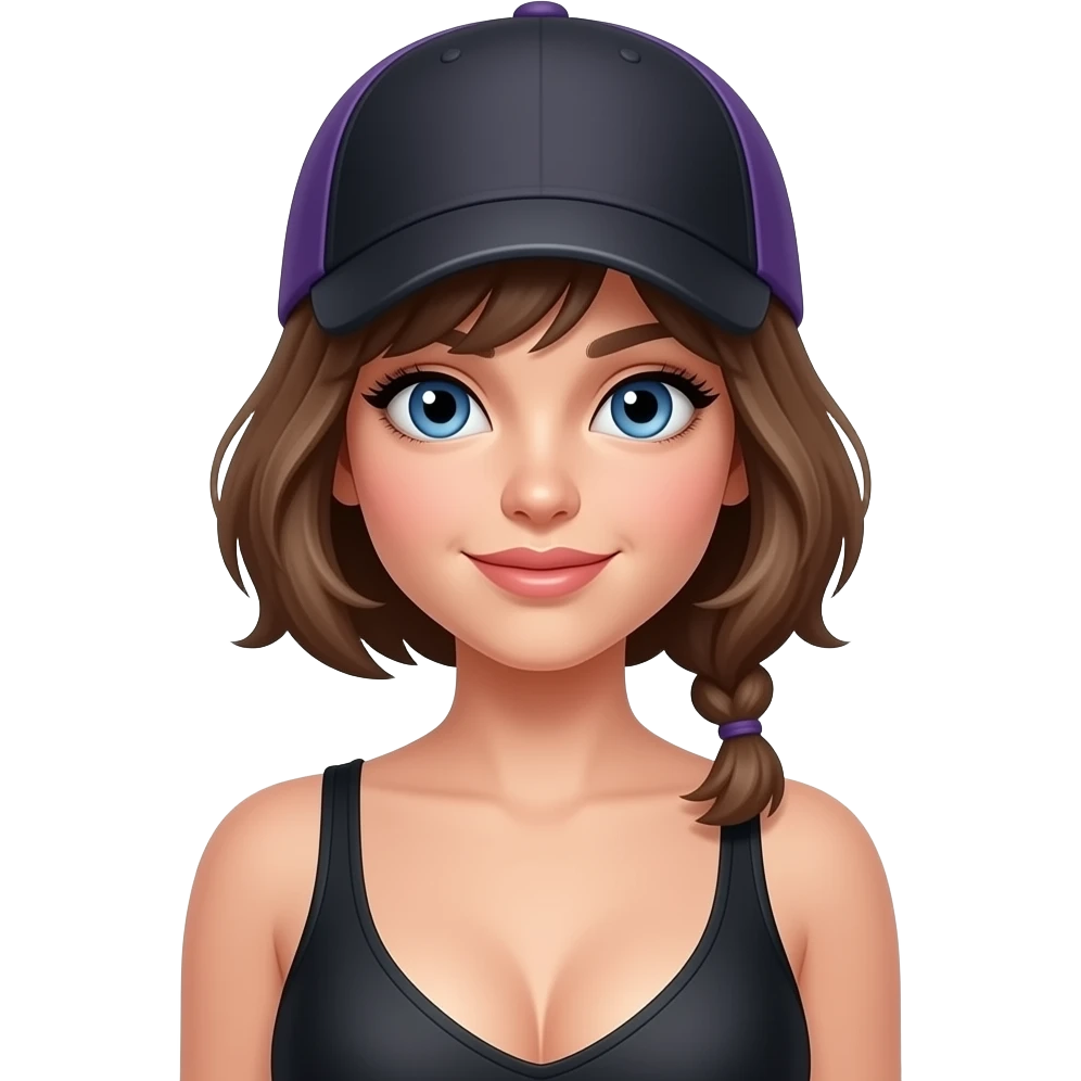 Make blue eyes eyelash.give  cap on black and purple. short brown hair  ponytail big boobs emoji