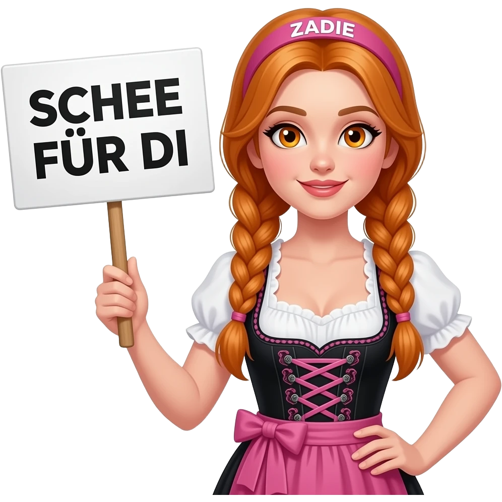 sexy girl with overlong ginger braids and ginger eyes wearing a black pink dirndl and a pink headband with ZADIE written on it, is holding a sign with SCHEE FÜR DI written on it emoji