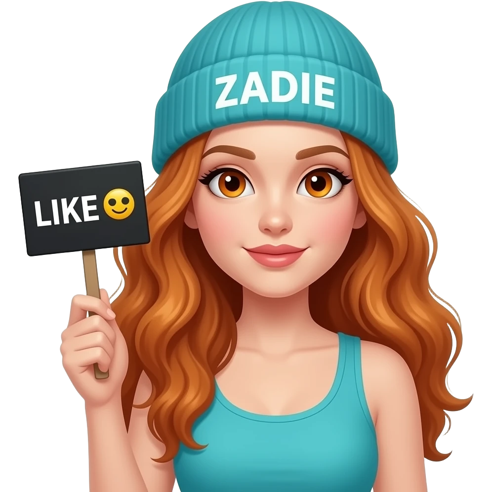 sexy girl with overlong wavy ginger hair and ginger eyes wearing a turquoise tanktop and a turquoise beanie with ZADIE written on it, is holding a black sign with LIKE 🤍 written on it emoji
