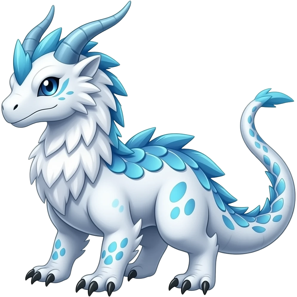 Cold cool icy wintery ice-horned fuzzy furry feathery snowy white and ice-blue flaky beautiful gorgeous attractive pretty Raptorik scaley feathery horned Amaura-Wargreymon-Aurorus-ExVeemon-WereGarurumon-Pokémon-Fakémon-hybrid-fusion-creature, full body emoji