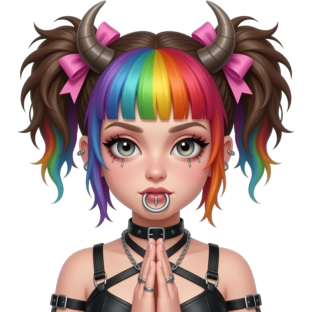 Baphomet babe with large bull ring and face piercings, messy, washed-out rainbow dyed hair and overgrown brunette roots, styled into two matted, spiky, y2k/alt-fashion buns, styled with frilly girly pink hair bows and bondage while praying to her dear lord and daddy Lucifer down below emoji