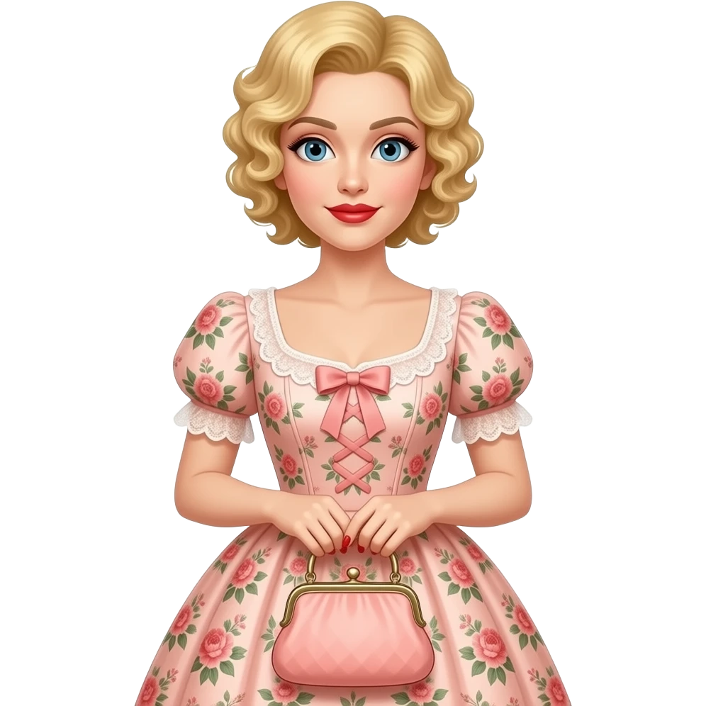 extremely Short blonde curly hair side swept red lipstick in a peach floral Victorian dress, red nails. holding a Victorian peach purse emoji