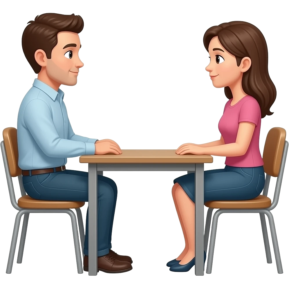 The profiles of a man and a woman sitting in chairs facing each other across a table. emoji