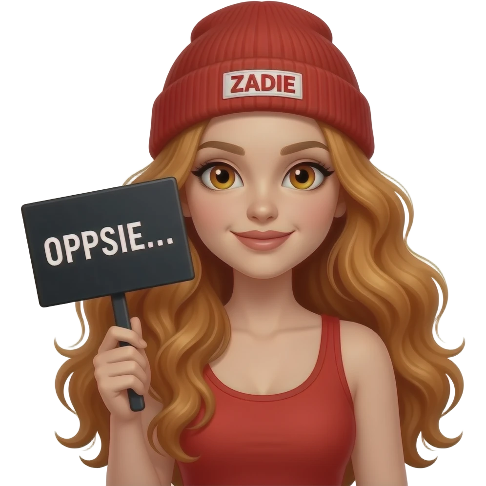 sexy girl with overlong wavy ginger hair and ginger eyes wearing a red tanktop and a red beanie with ZADIE written on it, is holding a black sign with OOPSIE... written on it emoji