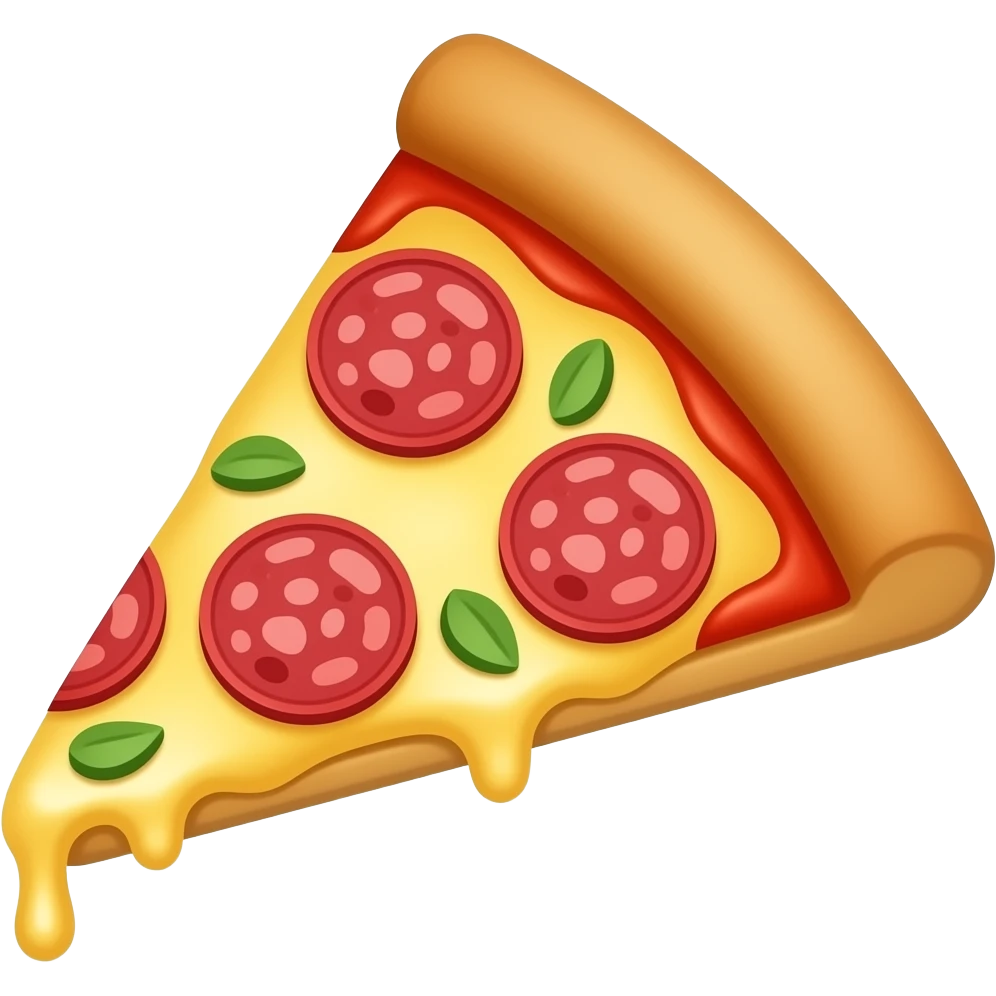 3D emoji style pizza slice, triangular slice with melted cheese, 
red tomato sauce, and pepperoni toppings, slight cheese pull, 
Apple emoji aesthetic, soft highlights, 
transparent background, bold simple shapes emoji
