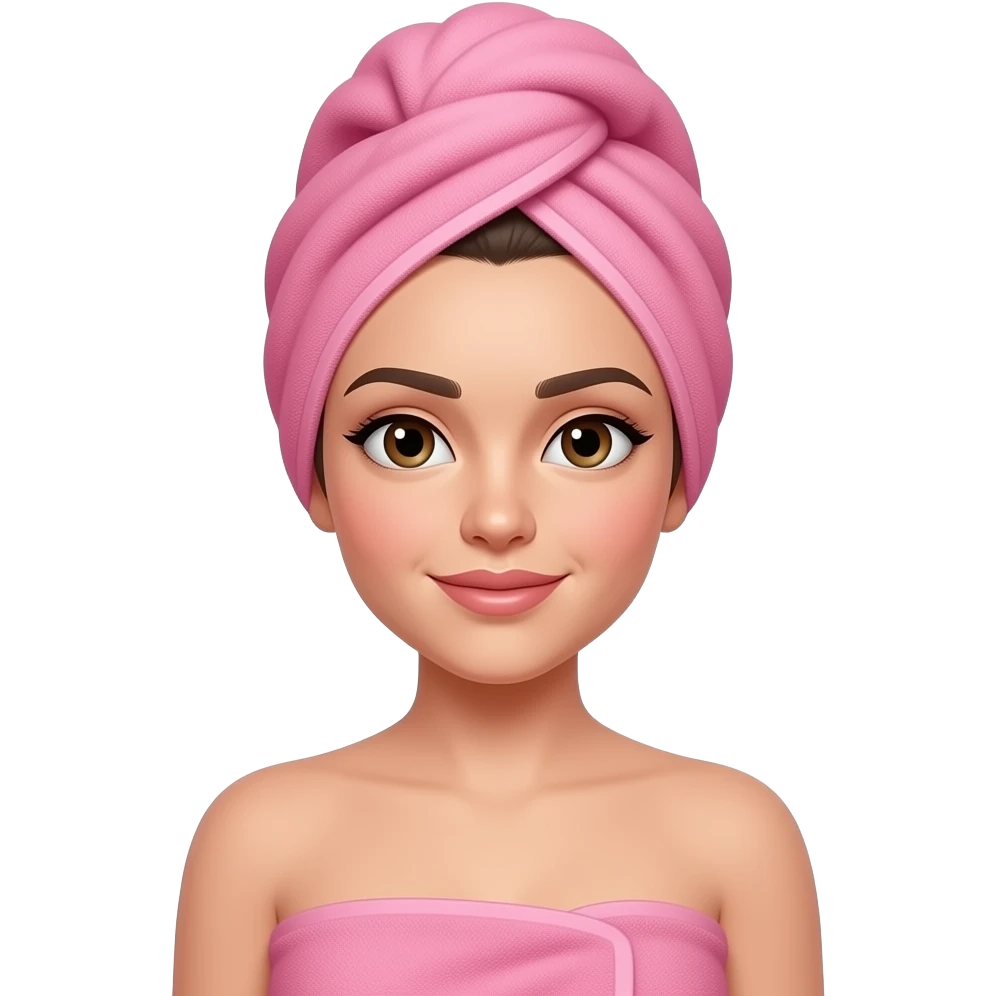 Clean girl influencer character, chest-up portrait, wearing a pink towel wrapped around the head, soft light emoji