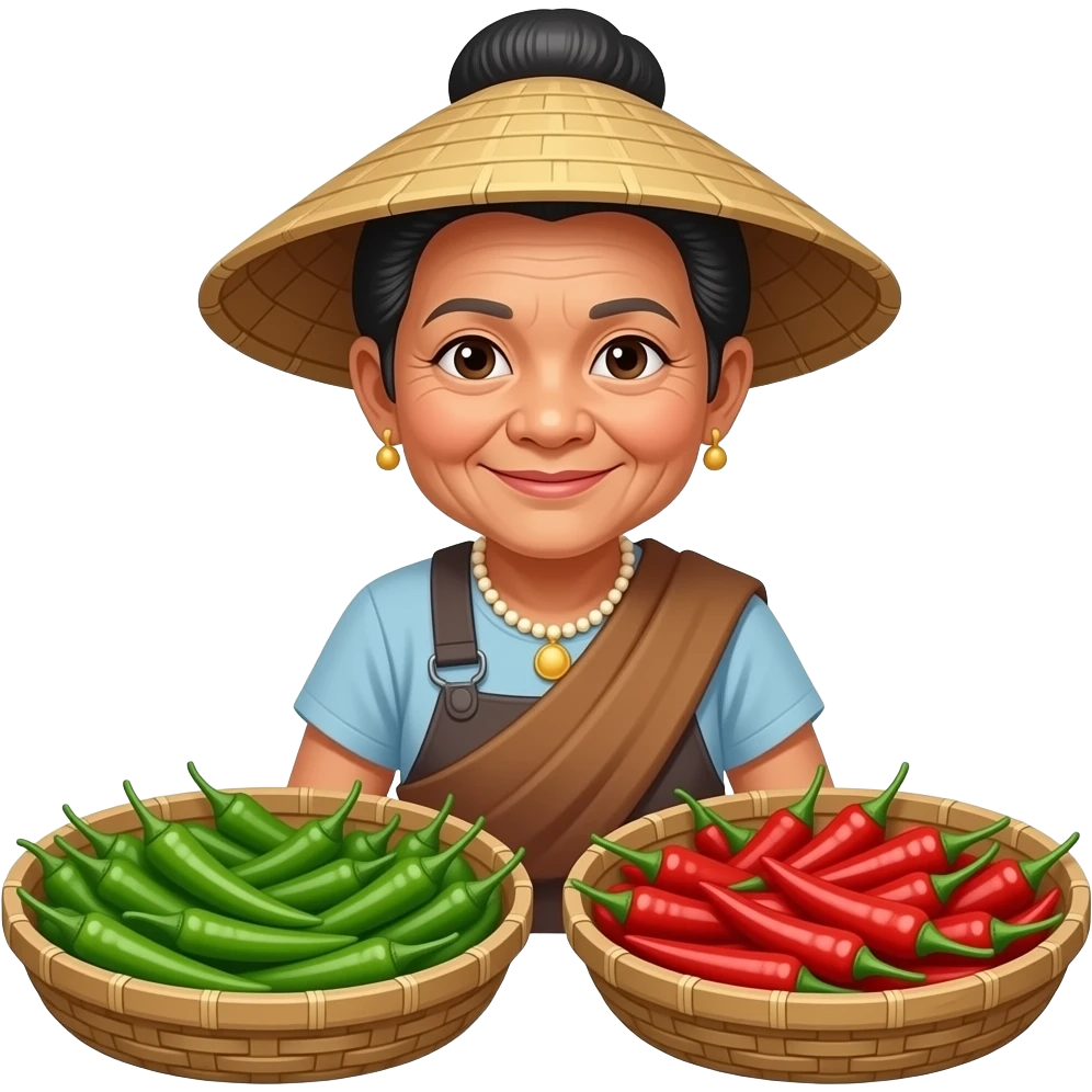 A Thai old woman is selling green and red Thai chili peppers at the market emoji